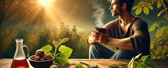 Junger Mann sitzt entspannt in der Natur und hält eine warme Tasse Tee. Auf einem Holztisch liegen Walnüsse, Kürbiskerne und frische Kräuter – Symbol für Fruchtbarkeit und Vitalität.