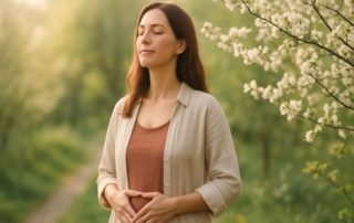 Frau in frühlingshafter Natur – Symbol für innere Ruhe, Zuversicht und TCM-Begleitung bei Kinderwunsch