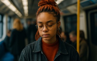 Nachdenkliche Frau mit geschlossenen Augen in U-Bahn – Thema Kinderwunsch und emotionale Blockaden