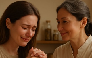TCM-Therapeutin hält die Hand einer weinenden Patientin während einer Kinderwunsch-Beratung
