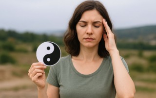 Junge Frau hält ein Yin-Yang-Symbol in der Hand – Symbolbild für hormonelle Balance und Zyklusregulation mit TCM