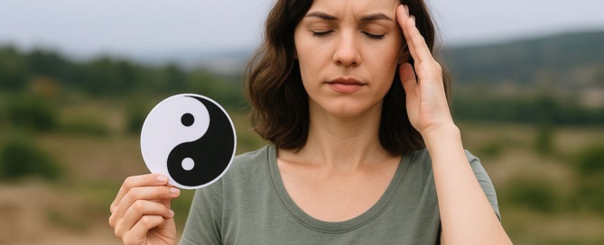 Junge Frau hält ein Yin-Yang-Symbol in der Hand – Symbolbild für hormonelle Balance und Zyklusregulation mit TCM