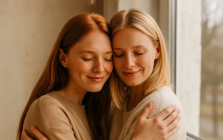 Zwei Frauen in liebevoller Umarmung am Fenster – Symbol für Kinderwunschbegleitung durch TCM