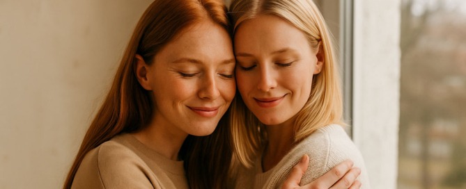 Zwei Frauen in liebevoller Umarmung am Fenster – Symbol für Kinderwunschbegleitung durch TCM