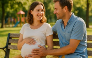 Schwangere Frau sitzt mit ihrem Partner im Park – entspannte Atmosphäre im Sommer