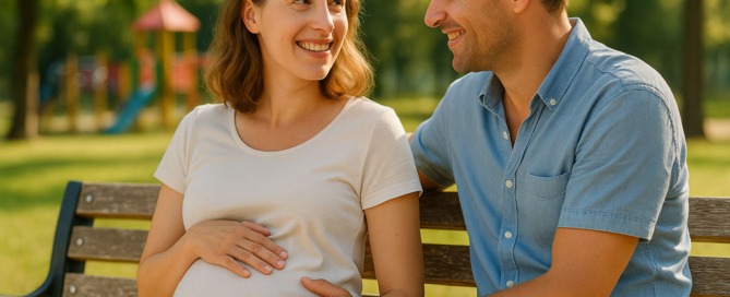 Schwangere Frau sitzt mit ihrem Partner im Park – entspannte Atmosphäre im Sommer
