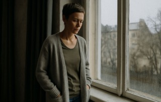 Nachdenkliche Frau Mitte 30 mit kurzem Haar steht an einem regnerischen Fenster in einer Altbauwohnung