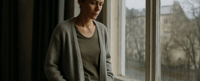 Nachdenkliche Frau Mitte 30 mit kurzem Haar steht an einem regnerischen Fenster in einer Altbauwohnung