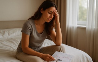 Frau sitzt nachdenklich auf dem Bett und hält ein Zyklusblatt mit Temperaturkurve in der Hand