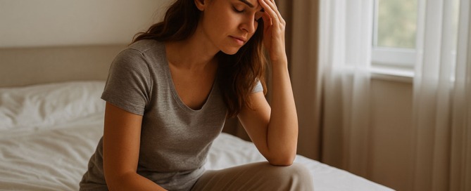 Frau sitzt nachdenklich auf dem Bett und hält ein Zyklusblatt mit Temperaturkurve in der Hand