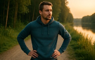 Jogger macht Pause bei Sonnenuntergang am Waldrand