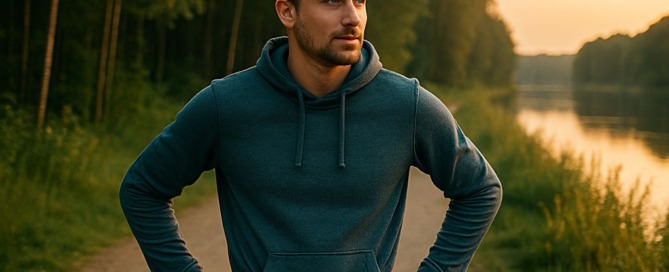 Jogger macht Pause bei Sonnenuntergang am Waldrand