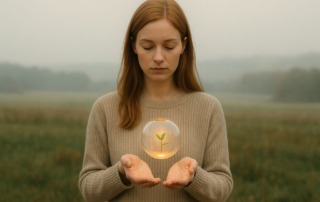 Junge Frau hält eine leuchtende Glaskugel mit Pflanze in der Hand – Symbol für Balance, Wachstum und Kinderwunsch bei Hashimoto