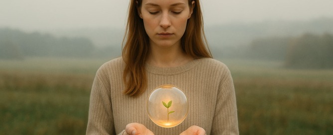 Junge Frau hält eine leuchtende Glaskugel mit Pflanze in der Hand – Symbol für Balance, Wachstum und Kinderwunsch bei Hashimoto