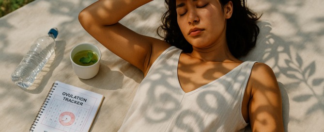 Junge Frau liegt erschöpft im Halbschatten eines Gartens, neben ihr Minztee und Wasser – Symbolbild für Zyklus und Sommerhitze