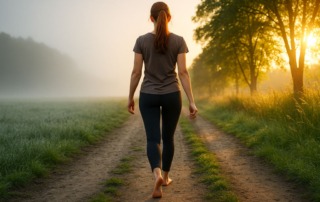 Junge rothaarige Frau mit Zopf steht an einem Weg in der Natur, hält eine zerknüllte Pillenpackung und macht den ersten Schritt auf einen sonnigen Pfad