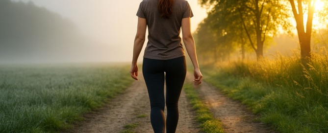 Junge rothaarige Frau mit Zopf steht an einem Weg in der Natur, hält eine zerknüllte Pillenpackung und macht den ersten Schritt auf einen sonnigen Pfad