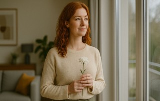 Rothaarige Frau steht am Fenster in modernem Wohnzimmer und hält eine weiße Blüte hoffnungsvoll in den Händen