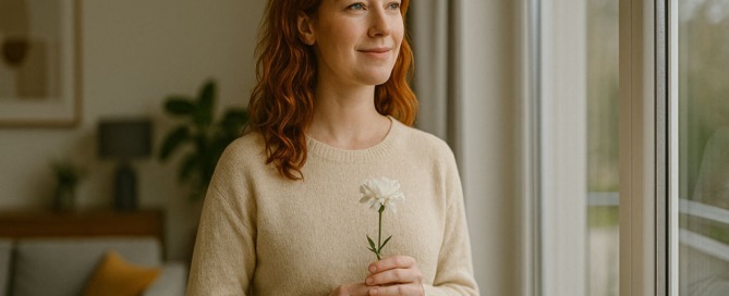 Rothaarige Frau steht am Fenster in modernem Wohnzimmer und hält eine weiße Blüte hoffnungsvoll in den Händen