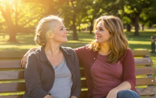 Zwei Frauen in vertrauensvollem Gespräch im Sonnenlicht – Symbol für Hoffnung und Unterstützung bei Endometriose und Kinderwunsch mit TCM