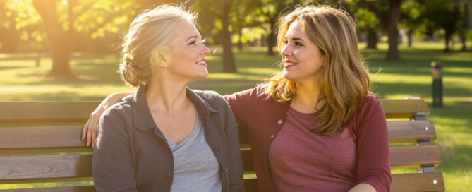 Zwei Frauen in vertrauensvollem Gespräch im Sonnenlicht – Symbol für Hoffnung und Unterstützung bei Endometriose und Kinderwunsch mit TCM