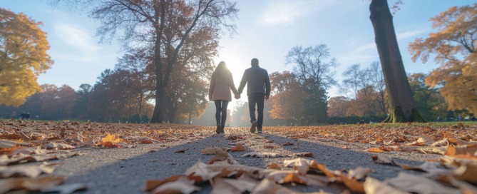Paar spaziert Hand in Hand im Herbstpark – Hoffnung und Balance bei Kinderwunsch