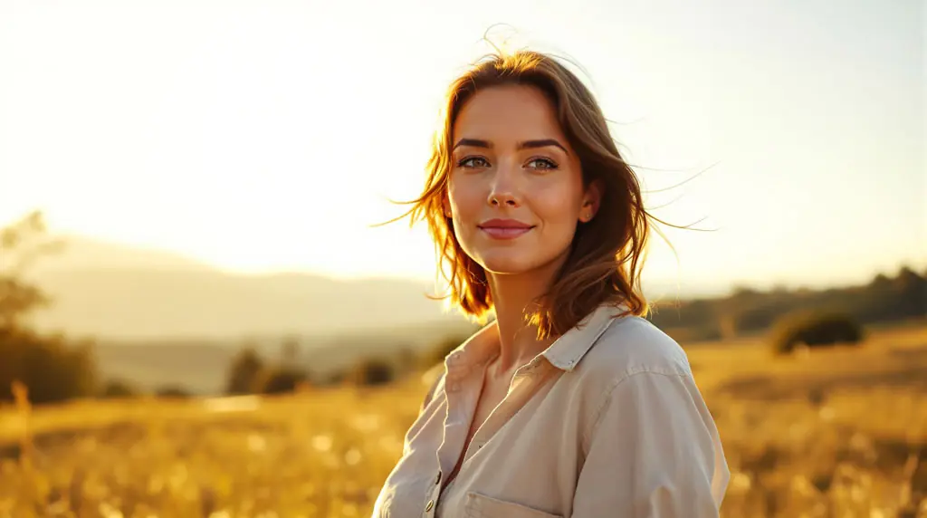 Selbstbewusste Frau Mitte 30 im warmen Morgenlicht – Symbol für Energie, Hoffnung und verbesserte Eizellqualität mit TCM.