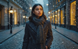 Frau bei Abendspaziergang in der Stadt – Wärme und Licht im Winterblues