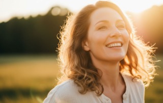 Lachende Frau im goldenen Sonnenlicht – Symbol für Energie, Neubeginn und innere Balance nach hormoneller Verhütung.