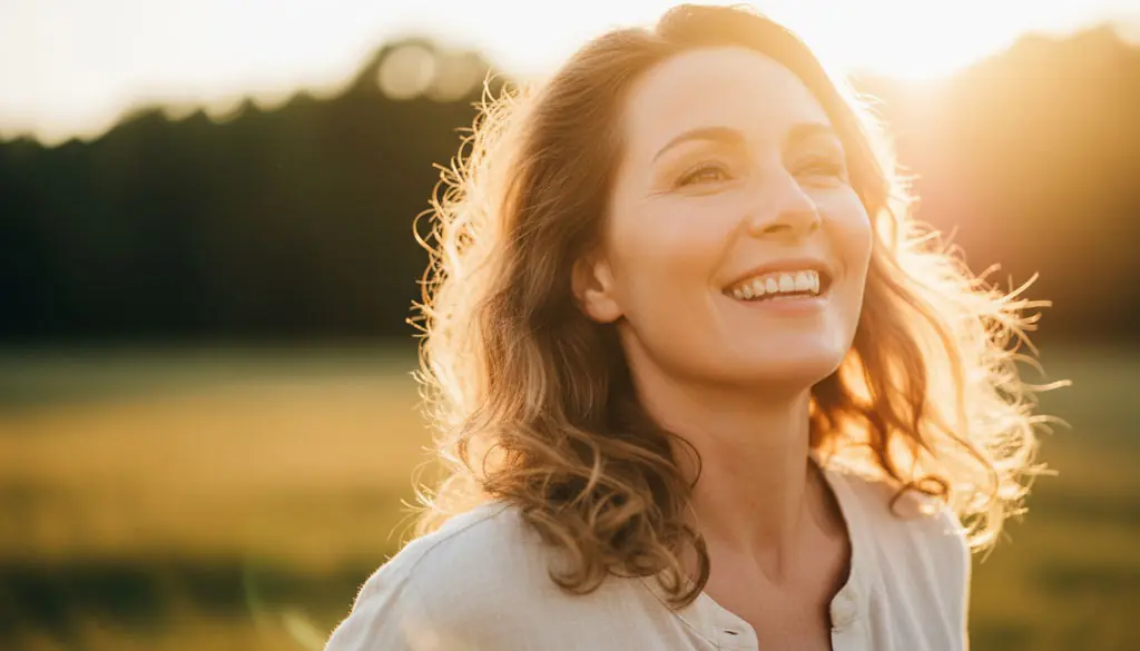 Lachende Frau im goldenen Sonnenlicht – Symbol für Energie, Neubeginn und innere Balance nach hormoneller Verhütung.
