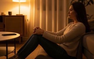Person sitzt abends in warmem Licht, Handy bewusst zur Seite gelegt, Symbol für Ruhe und Digital Detox im Kinderwunsch.