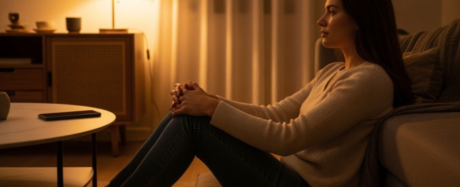 Person sitzt abends in warmem Licht, Handy bewusst zur Seite gelegt, Symbol für Ruhe und Digital Detox im Kinderwunsch.