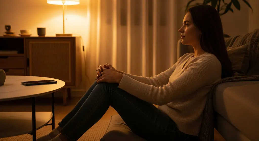 Person sitzt abends in warmem Licht, Handy bewusst zur Seite gelegt, Symbol für Ruhe und Digital Detox im Kinderwunsch.