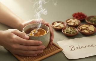 Warme Nahaufnahme mit dampfender Teeschale, TCM-Kräutern und dem Wort Balance – Symbol für Hormonbalance und Fruchtbarkeit bei ChiMed Augsburg
