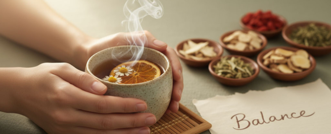 Warme Nahaufnahme mit dampfender Teeschale, TCM-Kräutern und dem Wort Balance – Symbol für Hormonbalance und Fruchtbarkeit bei ChiMed Augsburg