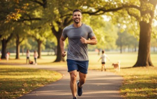 Mann joggt kraftvoll im Sonnenlicht – Symbol für männliche Vitalität, Durchblutung und TCM-Unterstützung bei Kinderwunsch.