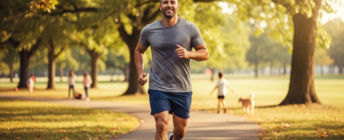 Mann joggt kraftvoll im Sonnenlicht – Symbol für männliche Vitalität, Durchblutung und TCM-Unterstützung bei Kinderwunsch.