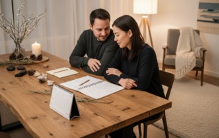 Paar sitzt im warmen Winterlicht an einem Holztisch und plant gemeinsam den nächsten Schritt ihrer IVF-Vorbereitung mit TCM