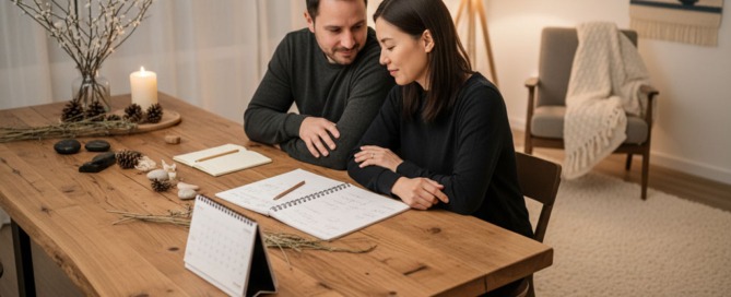Paar sitzt im warmen Winterlicht an einem Holztisch und plant gemeinsam den nächsten Schritt ihrer IVF-Vorbereitung mit TCM