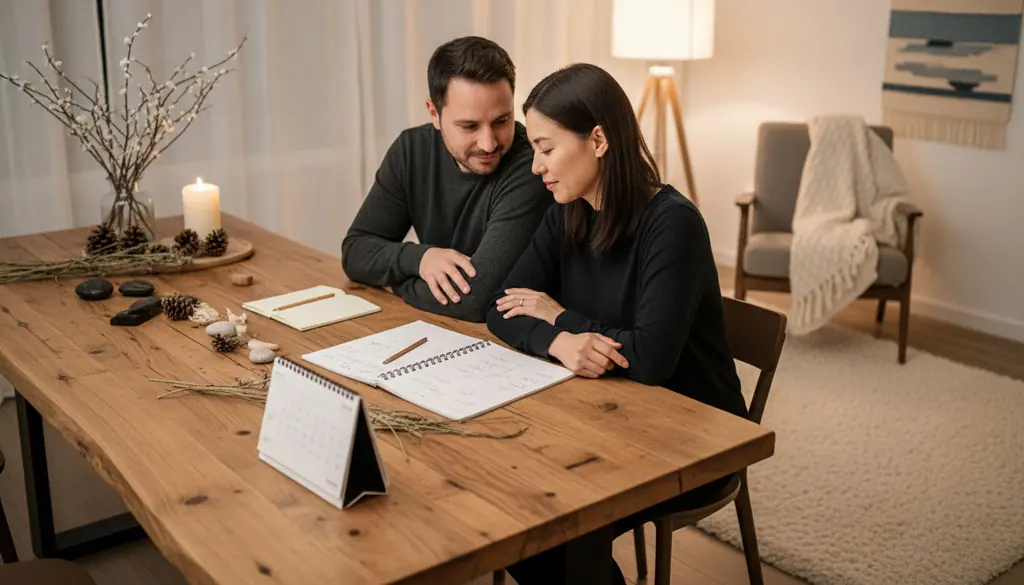 Paar sitzt im warmen Winterlicht an einem Holztisch und plant gemeinsam den nächsten Schritt ihrer IVF-Vorbereitung mit TCM